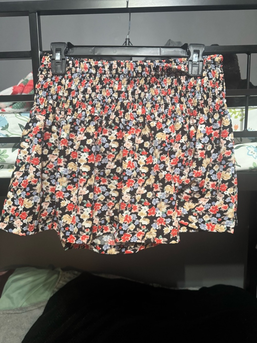 SHEIN Black High-Waist Floral Smocked Shorts with Red & Cream Blossoms